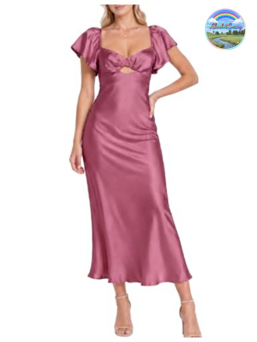Women's Satin Midi Dress Flutter Sleeve Open Tie Back Wedding Guest